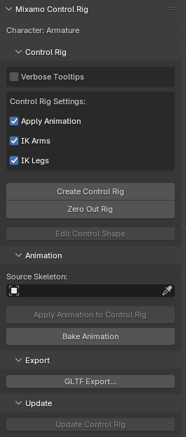 The FAST Mixamo panel in Blender showing tools for animation and character rigging.