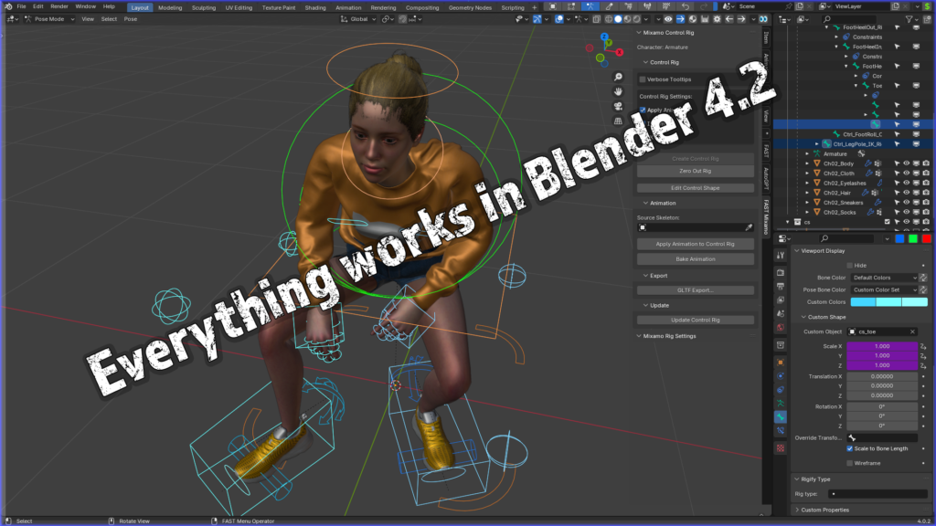 Female Mixamo character in Blender 4.2 with a yellow shirt and text 'Everything works in Blender 4.2.